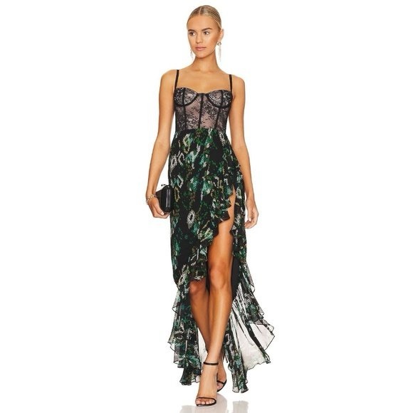 NWT Katie May Senorita Ruffle Trim Bustier Gown in Black & Teal Snake - Picture 1 of 13
